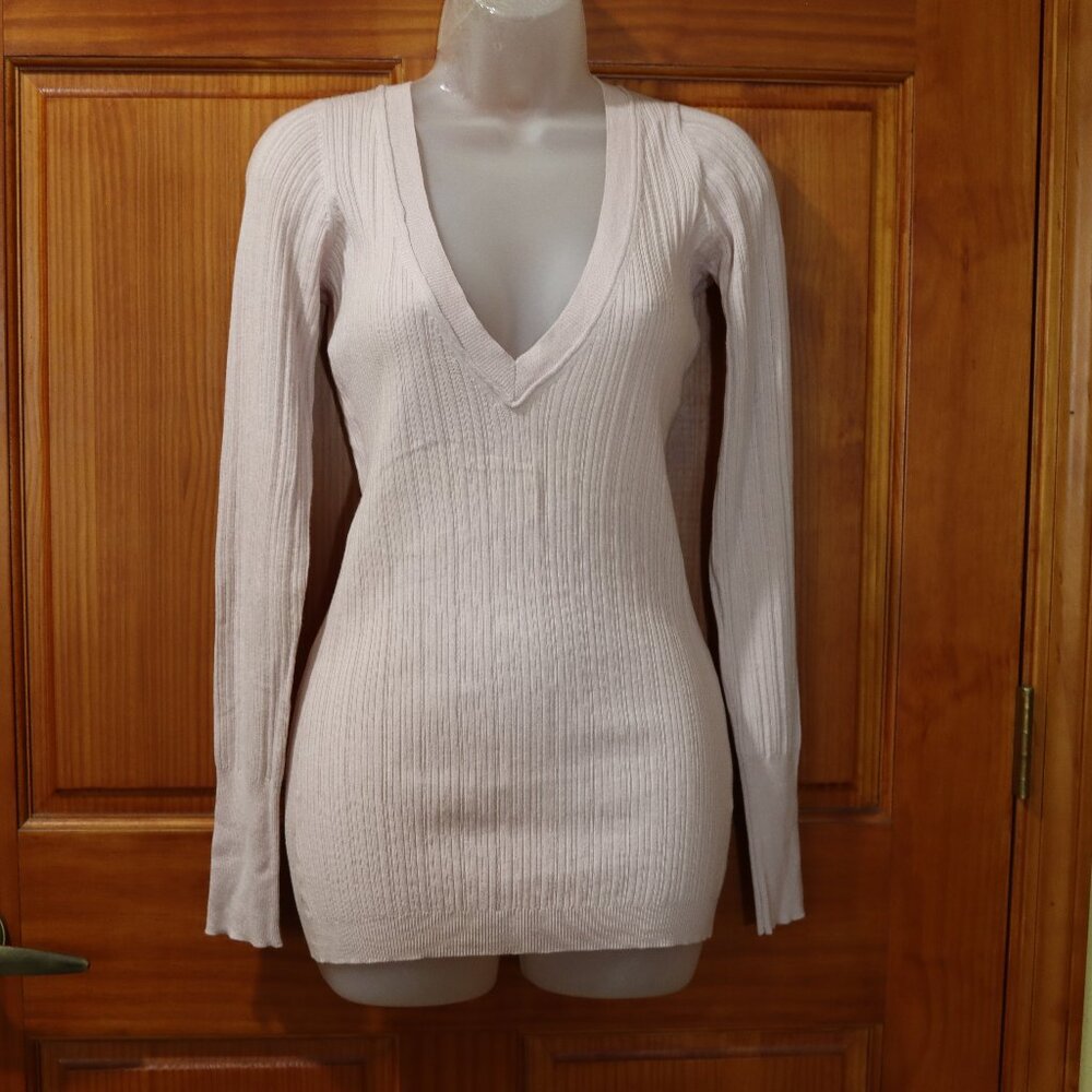Park Vogel Y2K Pink Cotton Cashmere V-Neck Ribbed Sweater Long Sleeve